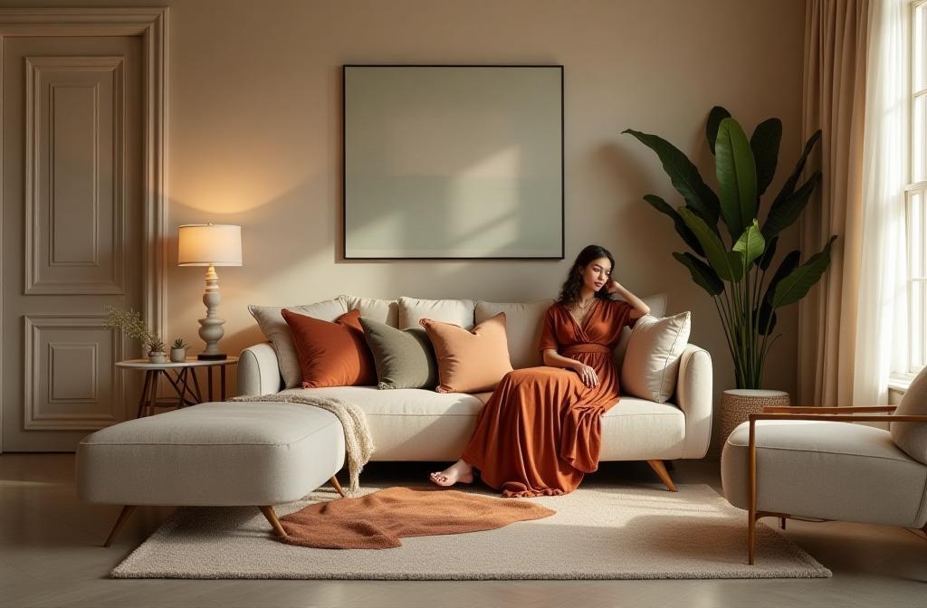 Stylishly decorated living room with Vanya Living & Style home decor and a person wearing elegant Vanya apparel