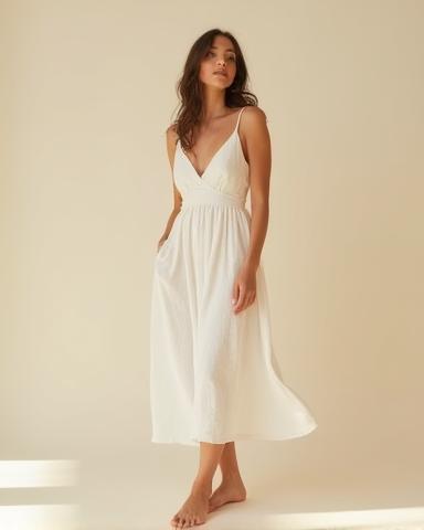 Woman wearing a stylish linen blend midi dress